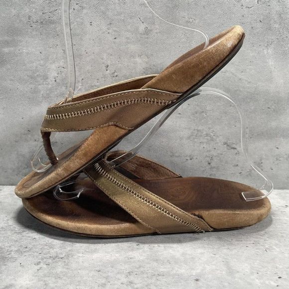 Olukai Haiku Ella Women's Thongs Sandals Size 10 Gold Leather Brown Flipflop‎ - Picture 5 of 9